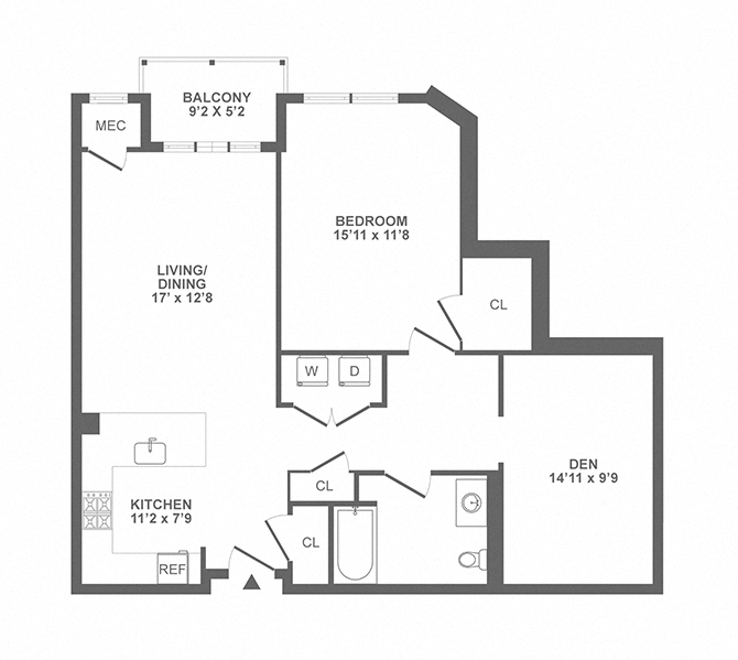 Floor plan for 1 bed, 1 bath, 1026 sqft